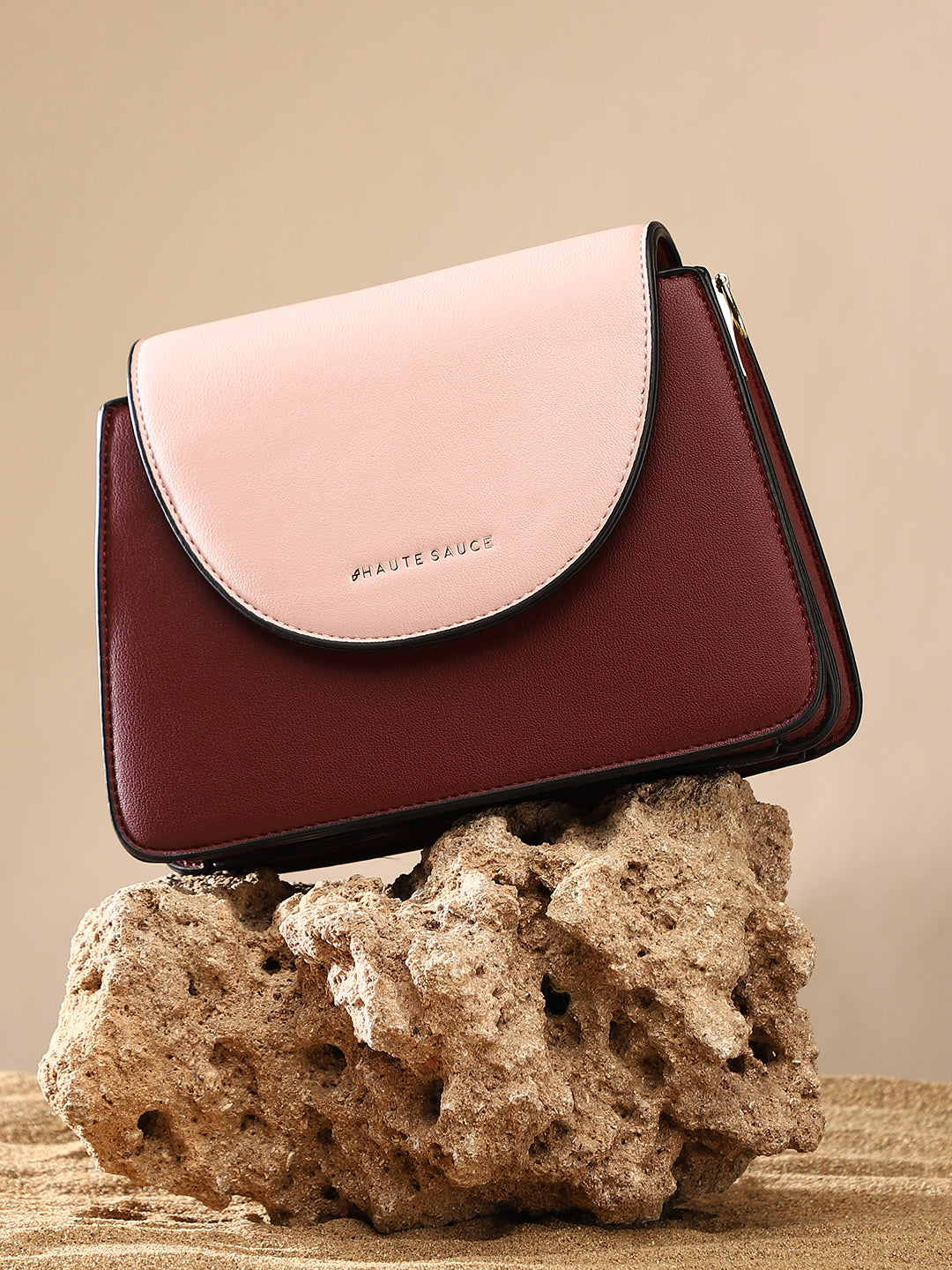 The Block Flap Hand Bag - Burgundy Red & Blush Pink