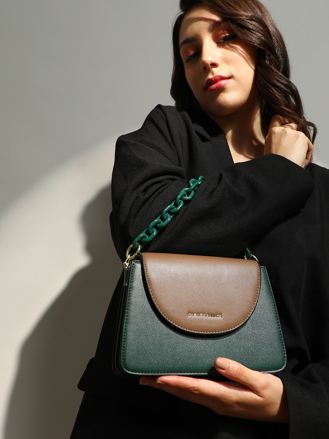The Block Flap Hand Bag - Olive Green & Chocolate Brown