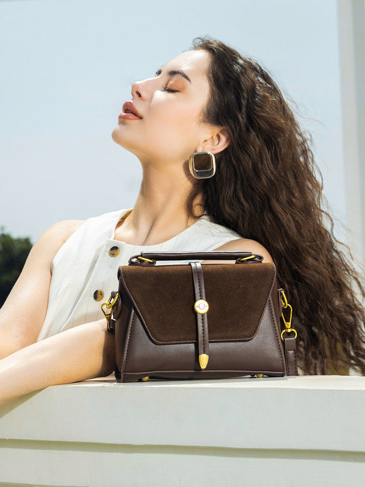 The Aurest Suede-Block Hand Bag - Chocolate Brown