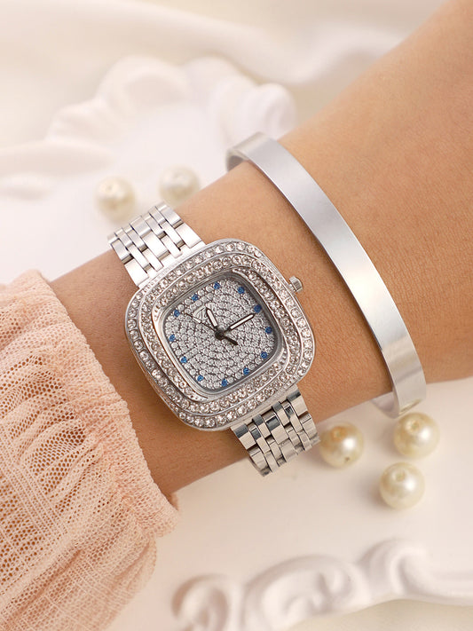 The Embellished Block Round Watch With Bracelet Combo