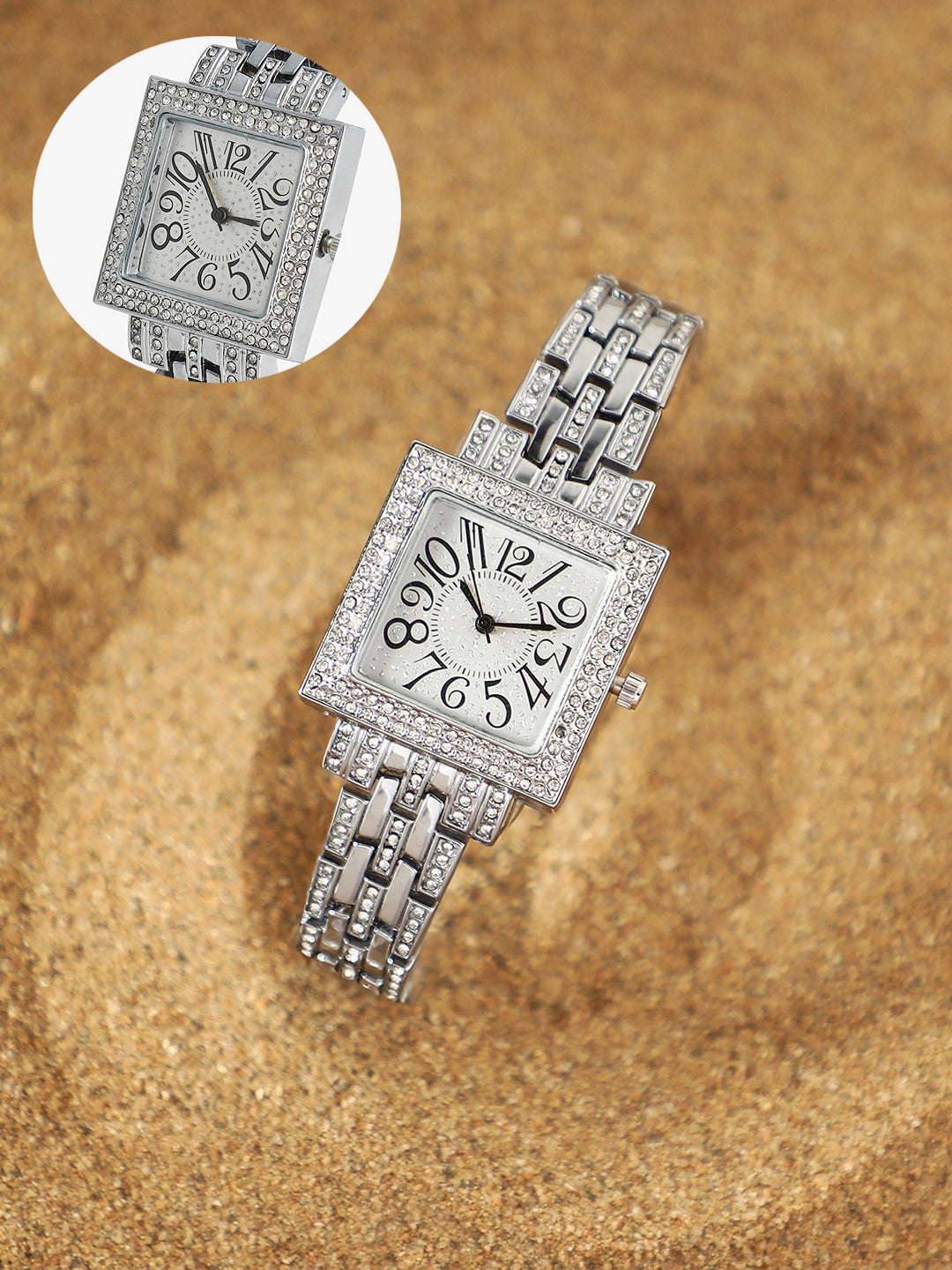 The Embellished Five-Link Square Watch - Metallic Silver