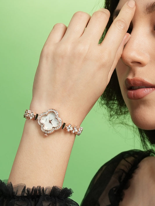 The Embellished Clover Watch - Champayne Gold