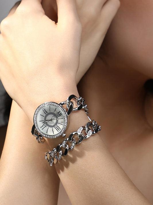 The Dual-Chainlink Roman Round Watch - Metallic Silver