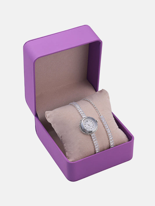 The Crystalized Wrap Round Watch - Metallic Silver (Emerald Green Stone)