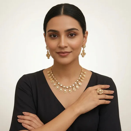 Gold Kundan Necklace And Earring Set For Women