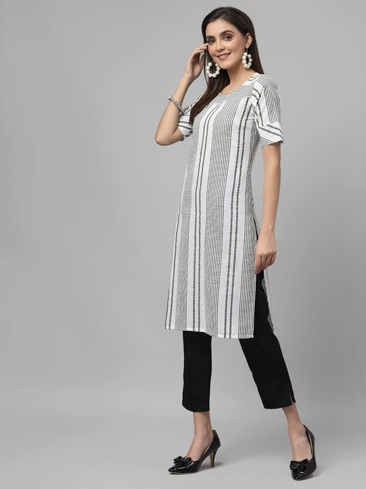 Women White & Olive Striped Cotton Knee Length Kurta Krya