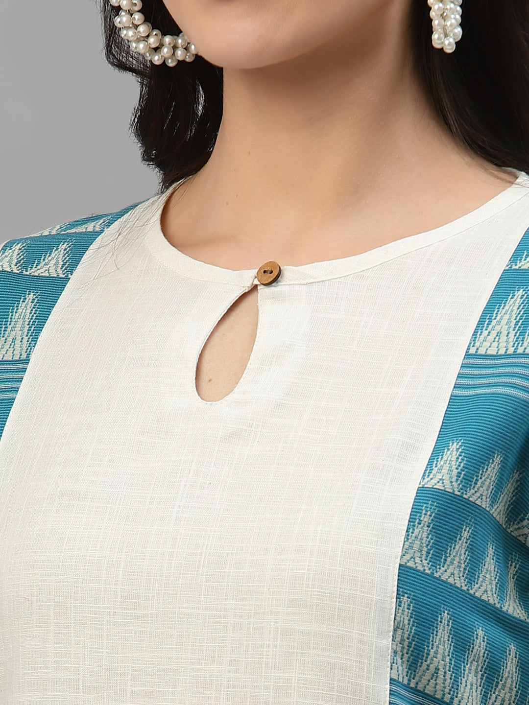 Women Off White & Blue Linen Jacquard Kurta Krya