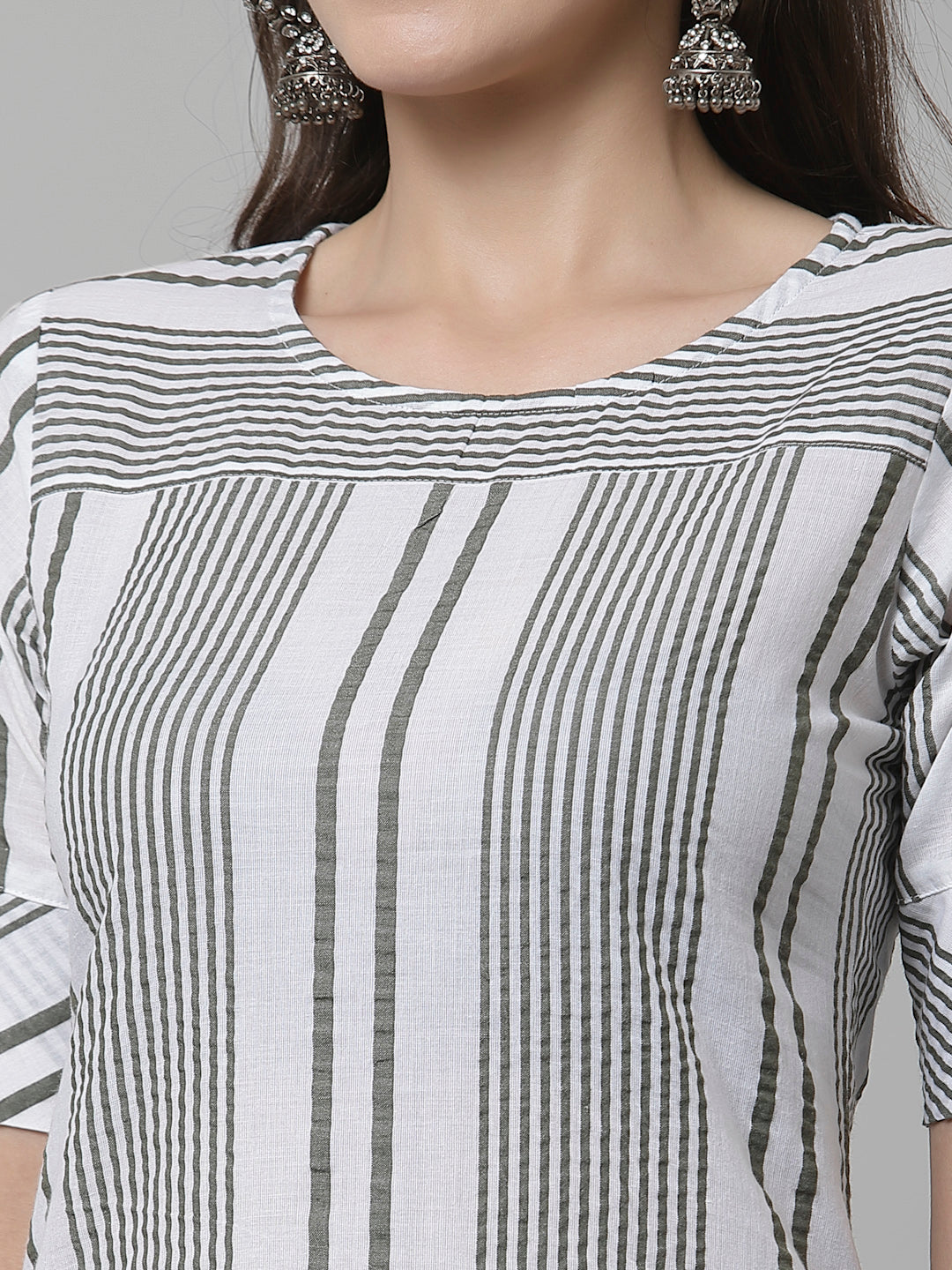 Women White & Olive Striped Cotton Knee Length Kurta Krya