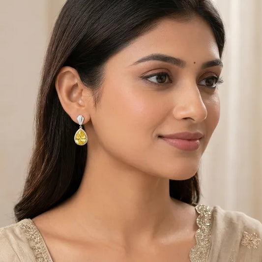 Yellow Stone And Silver Teardrop Dangle Earrings For Women