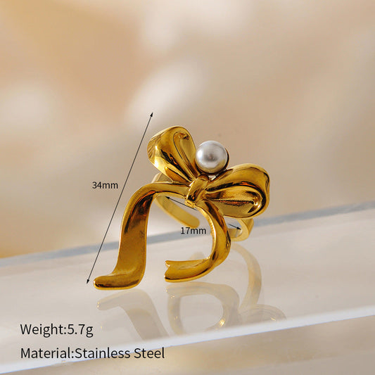 Elegant Ribbon Bow Design Pearl Studded Ring JLTR0479 Just Lil Things