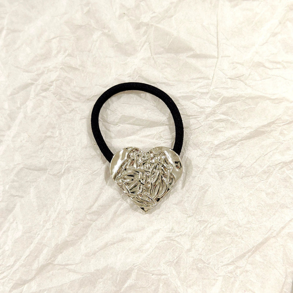Crushed Heart Textured Silver Heart Hair Tie – Molten Metallic Elastic JLTS0550 Just Lil Things
