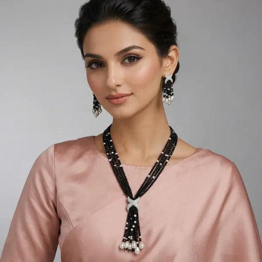 Black Beaded Pearl Multi Layer Necklace And Earrings Set For Women