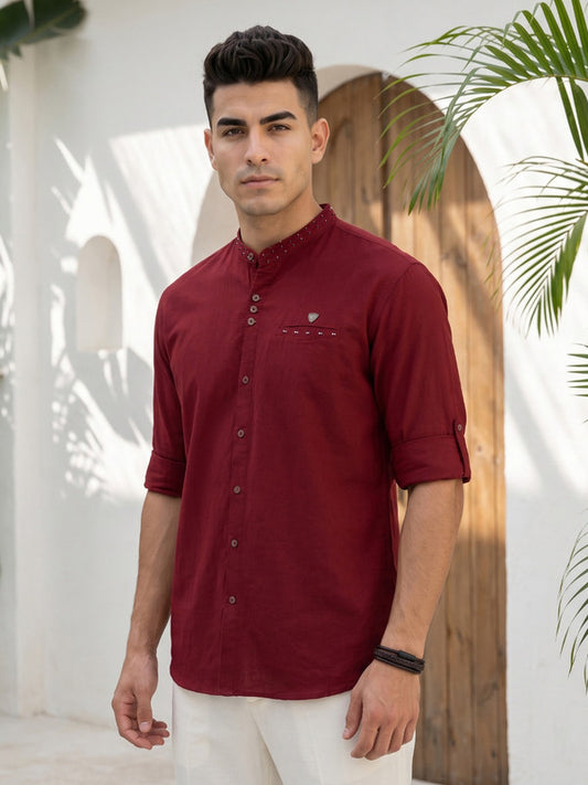 Kuons Avenue Men's Linen Cotton Indowestern Shirt - Maroon