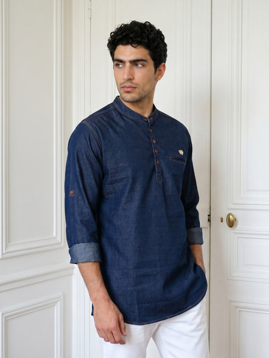 Kuons Avenue Men's Indigo Blue Denim Short Kurta