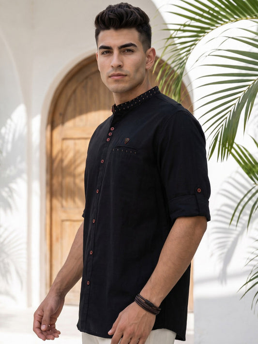 Kuons Avenue Men's Linen Cotton Indowestern Shirt - Black