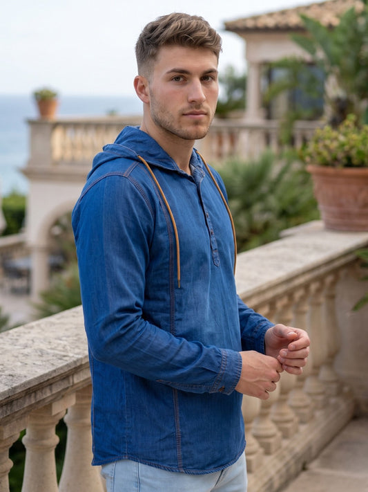 Kuons Avenue Men's Denimax Blue Hooded Denim Kurta