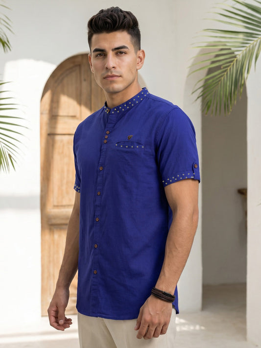 Kuons Avenue Men’s Royal Blue Linen Cotton Indo-Western Casual Shirt