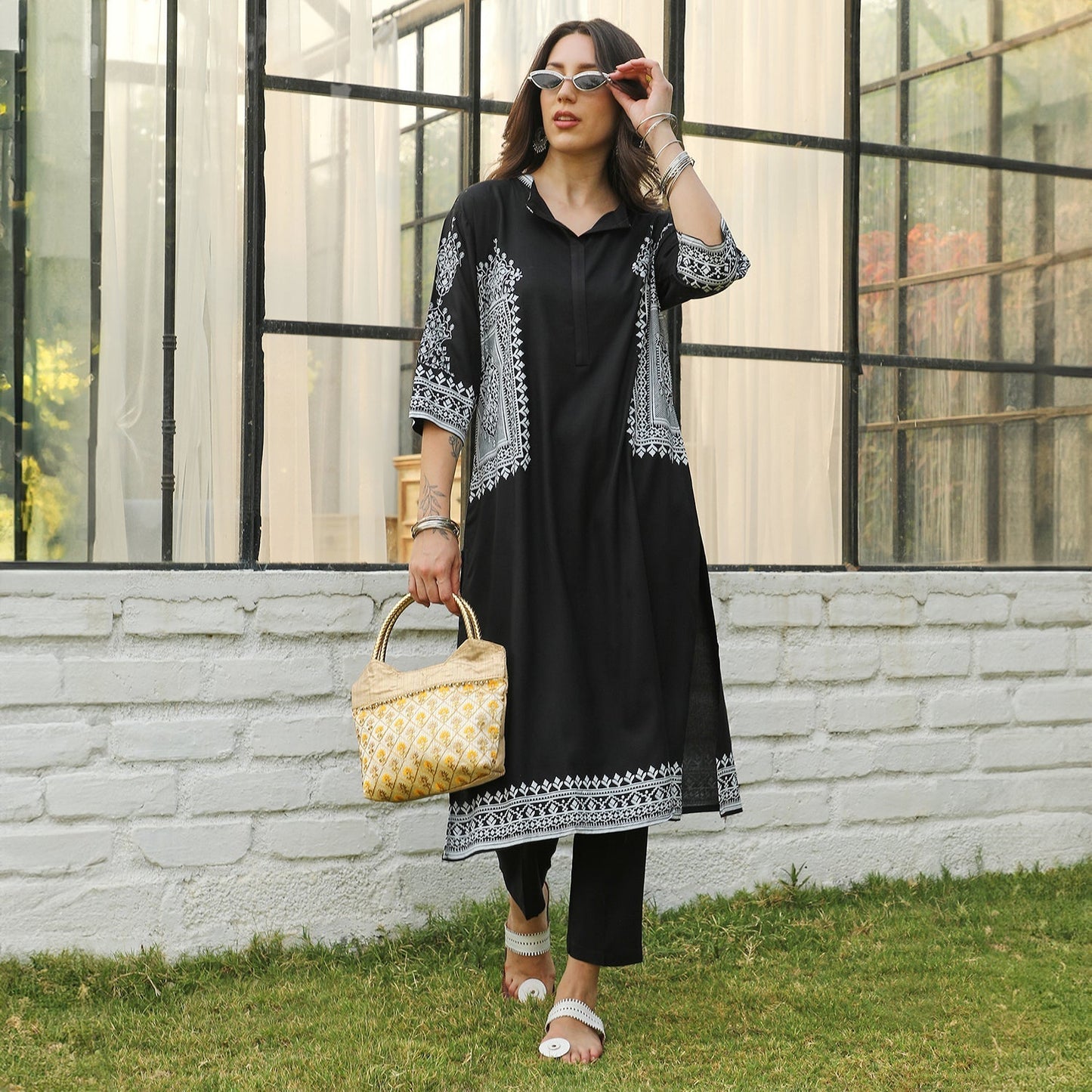 Geometric Print Kurta With Trousers Set