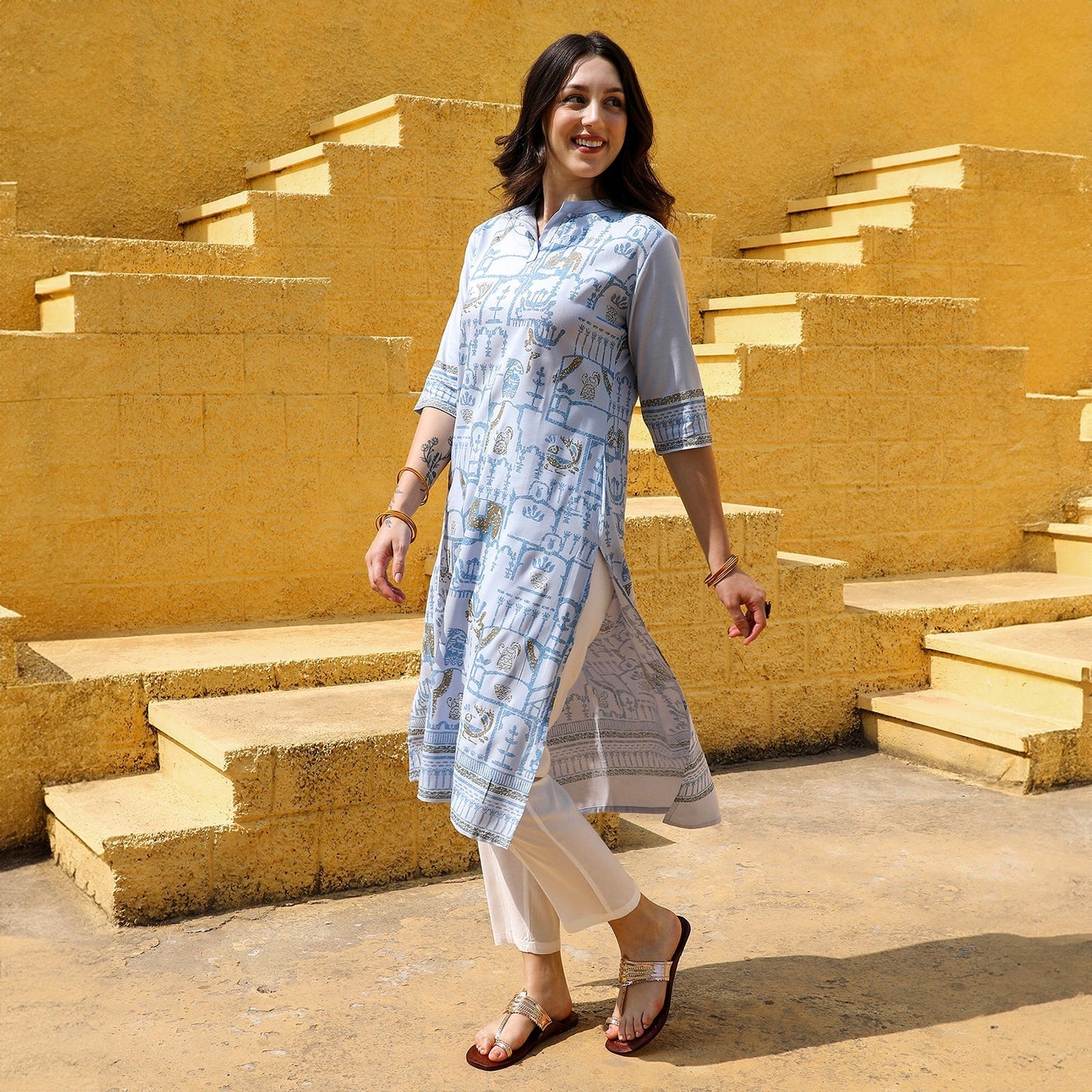 High-Low Ethnic Print Kurta With Trousers Set