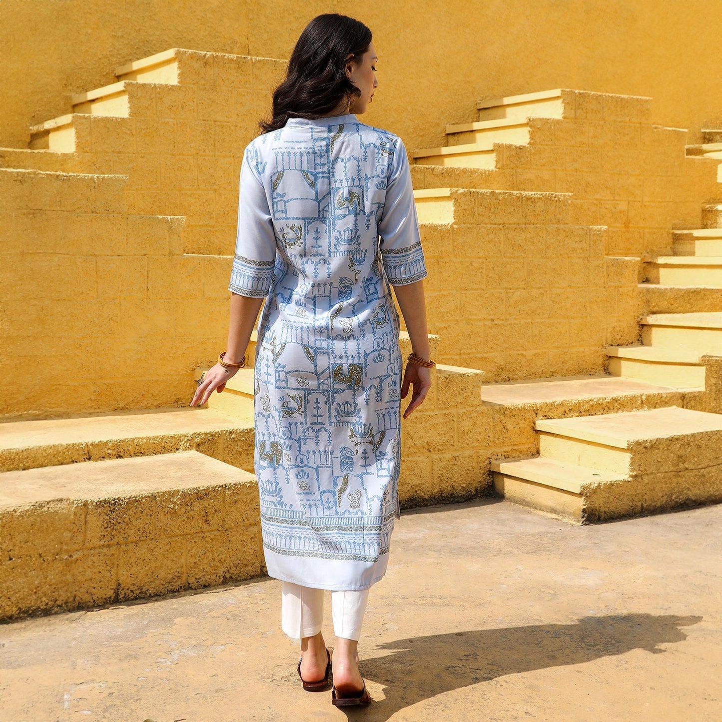 High-Low Ethnic Print Kurta With Trousers Set