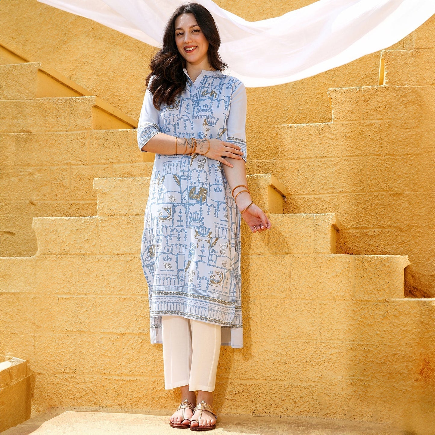 High-Low Ethnic Print Kurta With Trousers Set