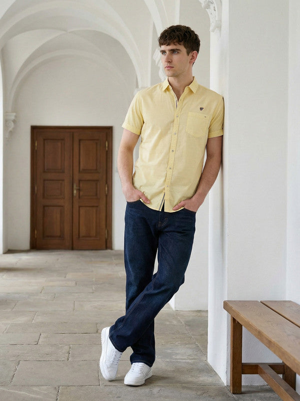 Kuons Men's Cream Yellow Linen Cotton Casual Shirt