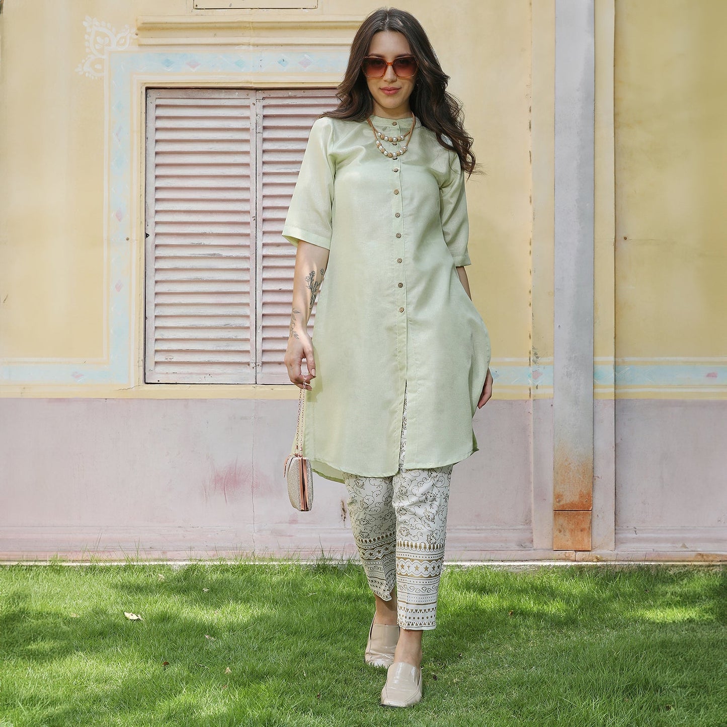 Button-Up Shirt Kurta With Trousers Set
