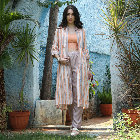 Halo Striped Jacket With Kurta & Trousers Set