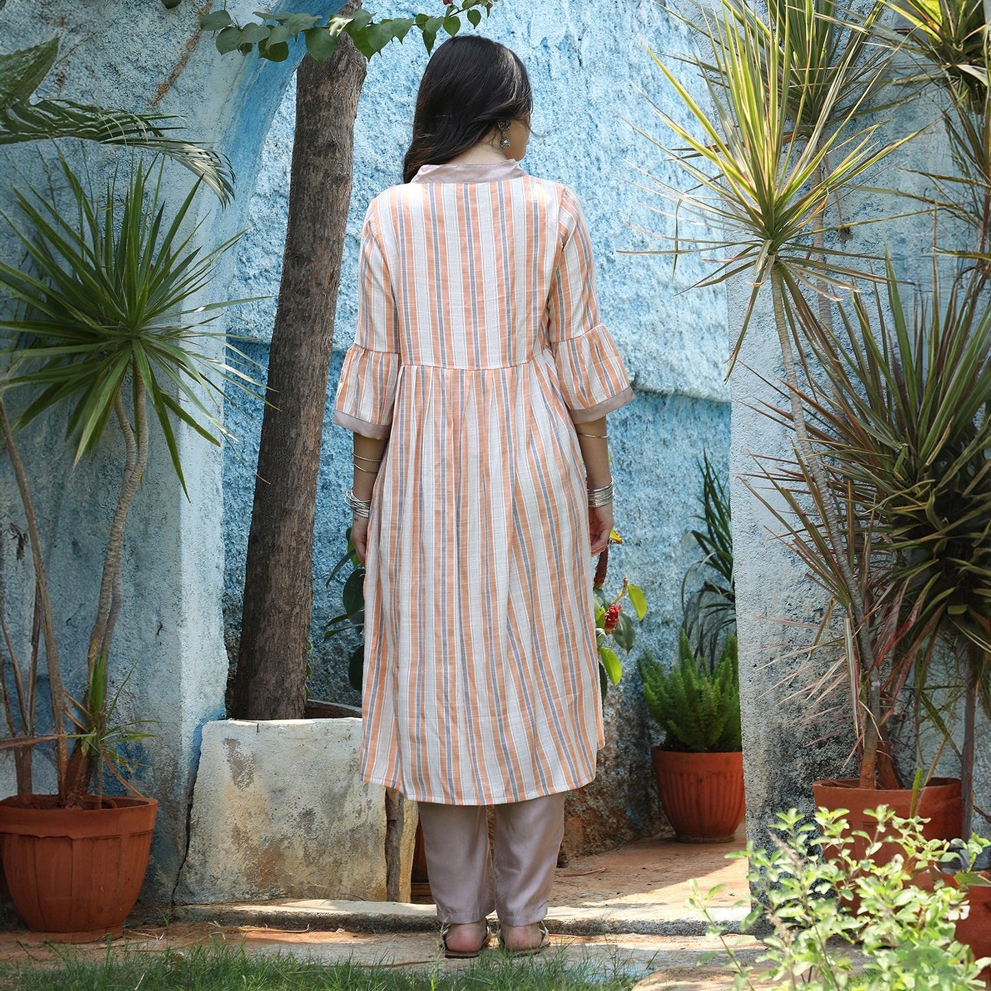 Halo Striped Jacket With Kurta & Trousers Set