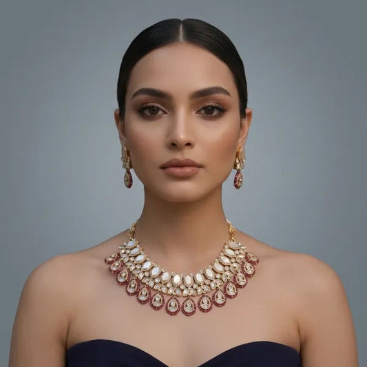 Gold Kundan Maroon Ruby Layered Bridal Necklace And Earrings Set For Women