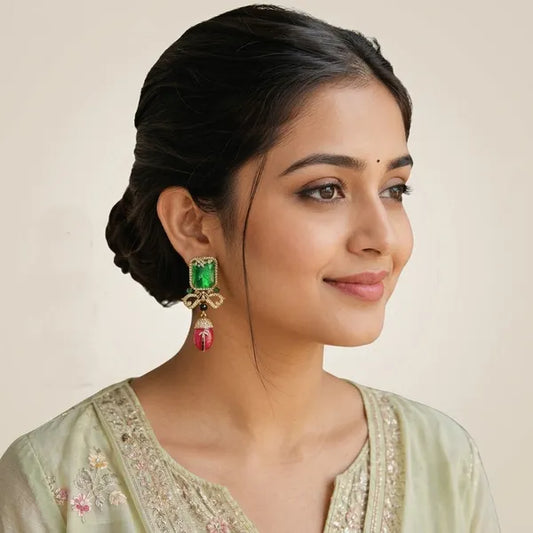 Green And Pink Kundan Emerald Stone Drop Statement Earrings For Women