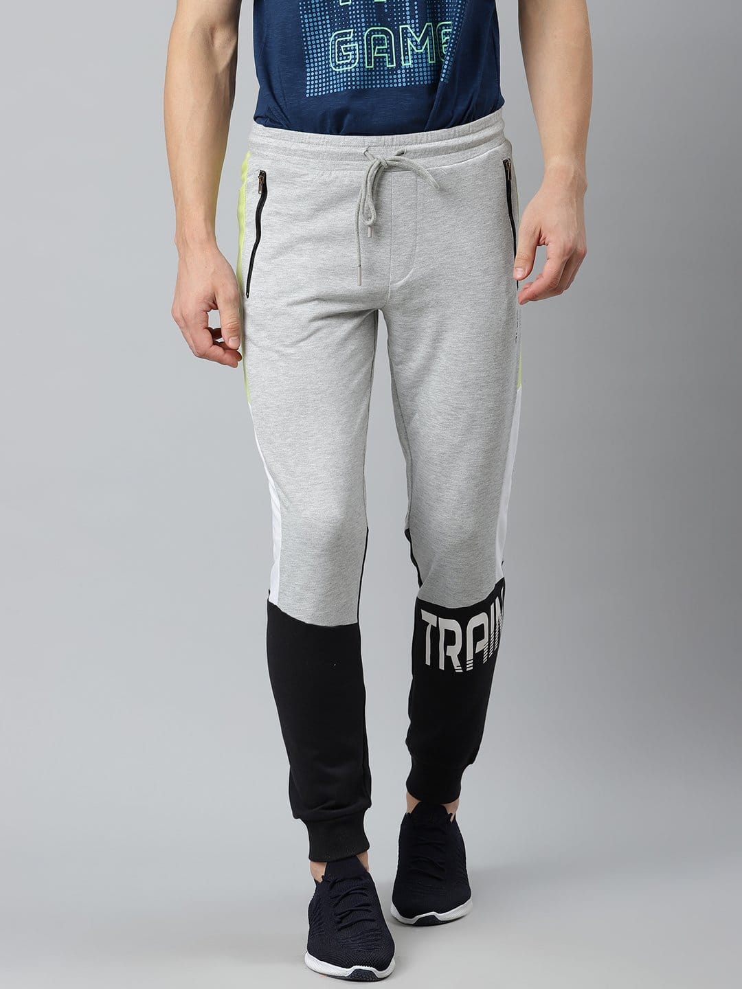 Alcis Men Grey Melange Black Colourblocked Slim Fit Joggers