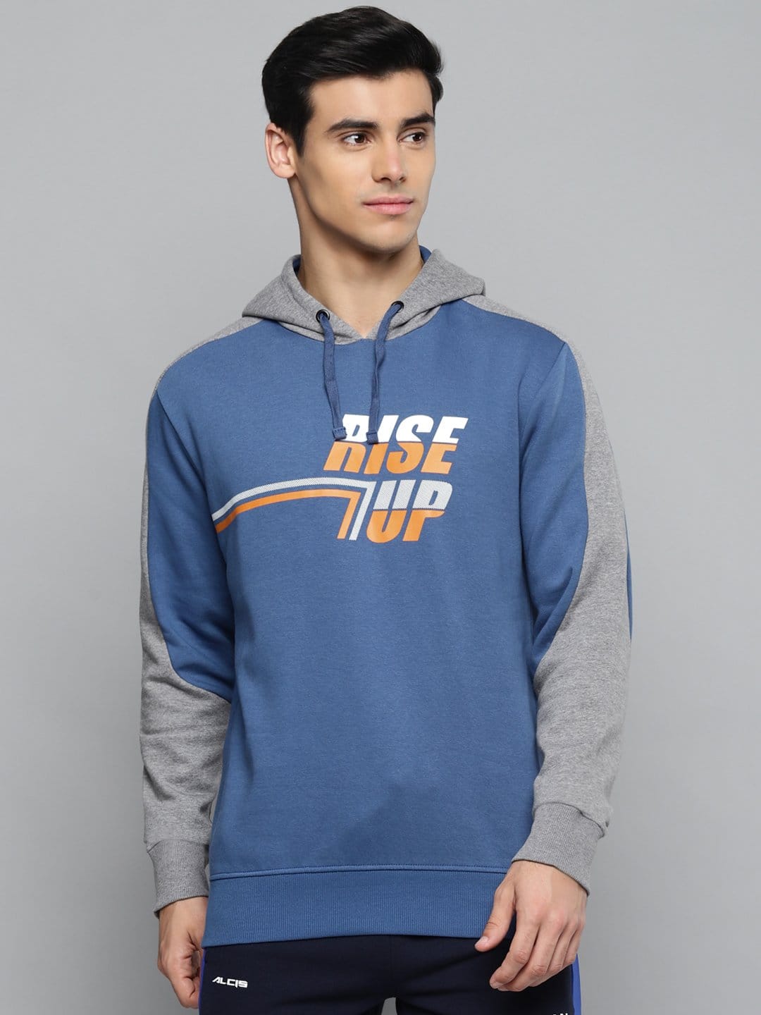 Alcis Men Blue & Orange Typography Printed Cotton Hooded Sweatshirt