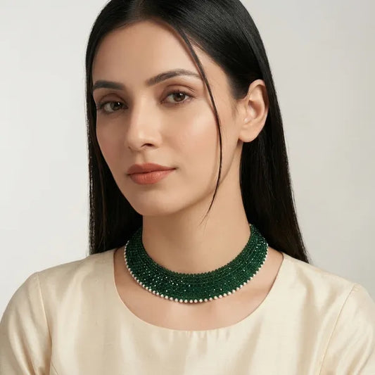 Green Beaded Pearl Trim Multi Row Choker Necklace For Women