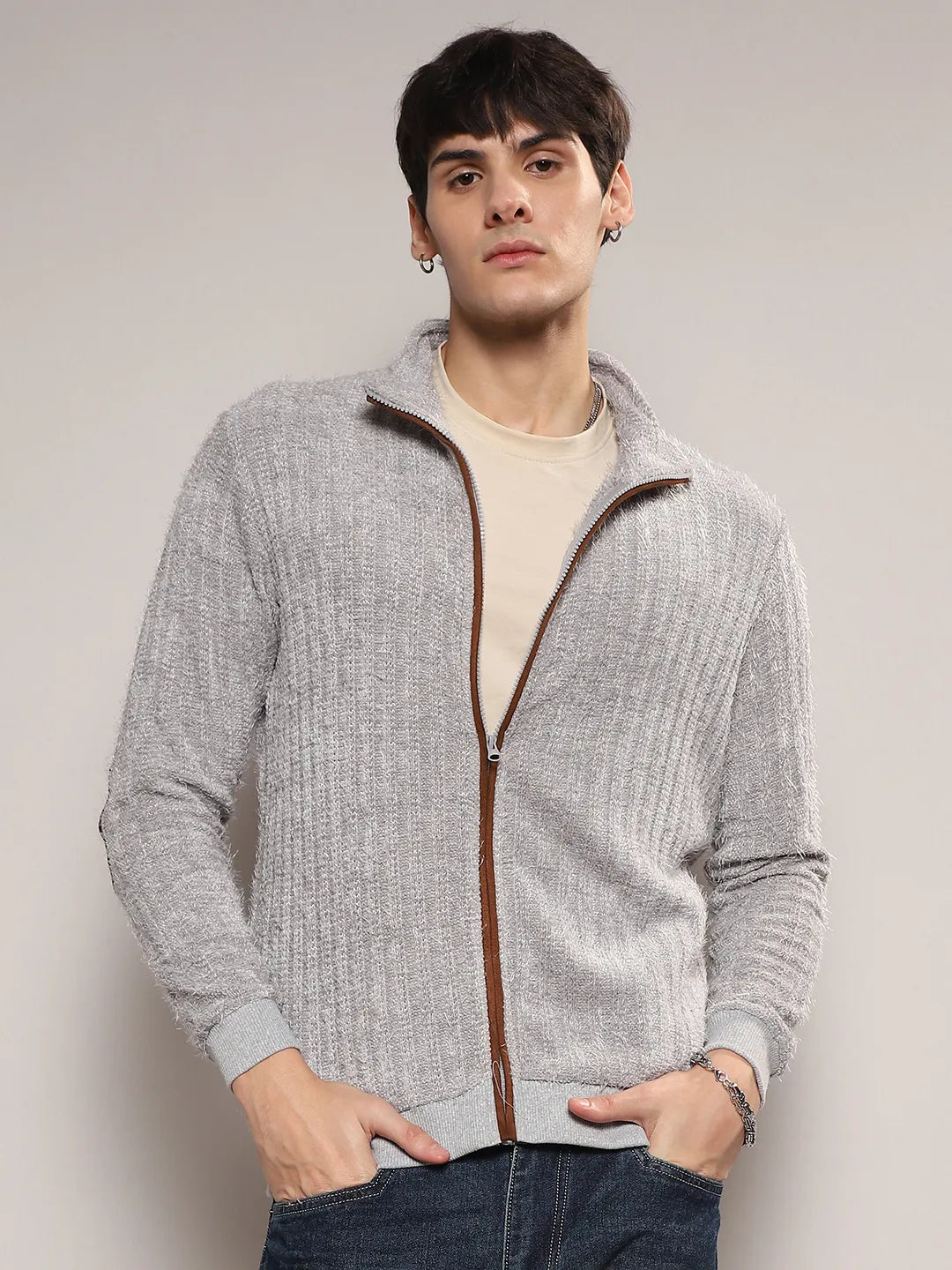 Self-Design Striped Knitted Jacket