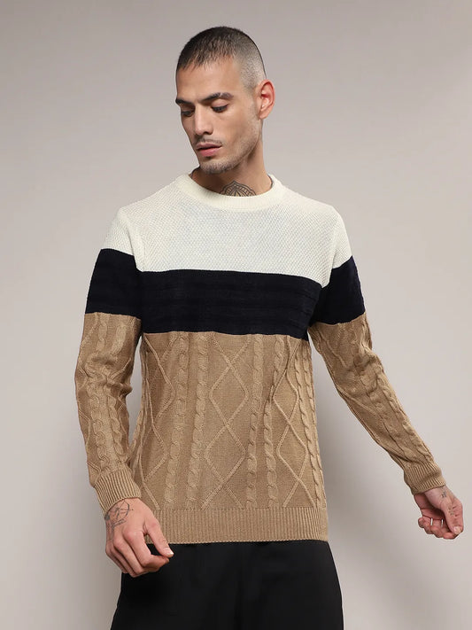 Contrast Panel Cable Knit Sweater