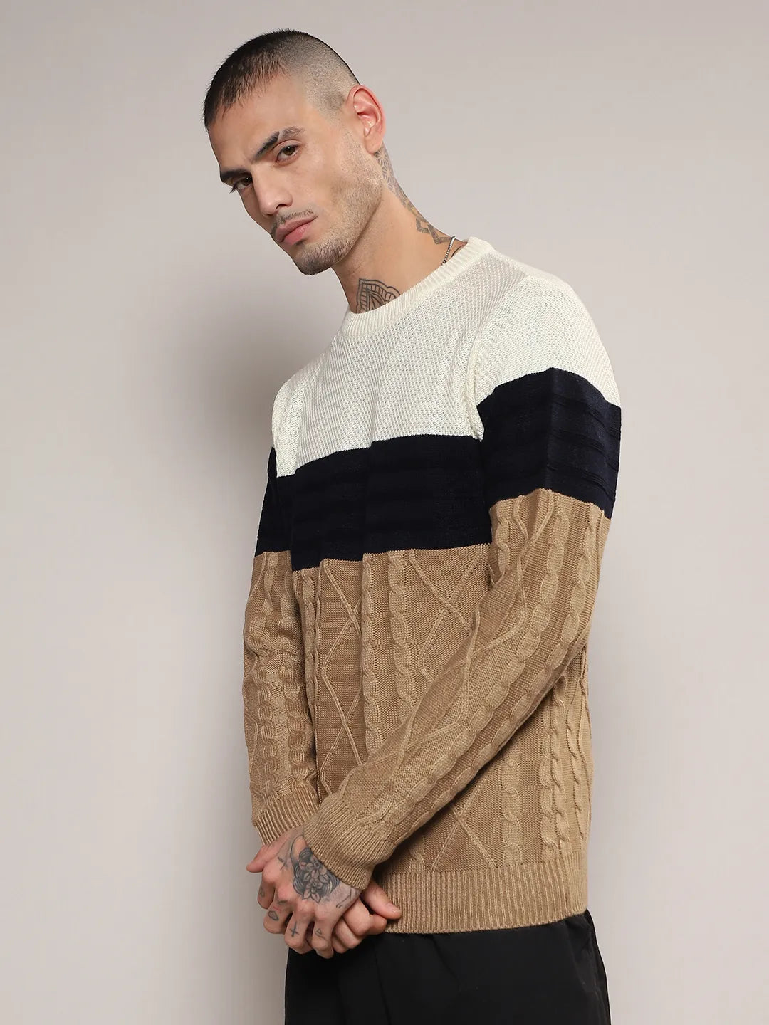 Contrast Panel Cable Knit Sweater
