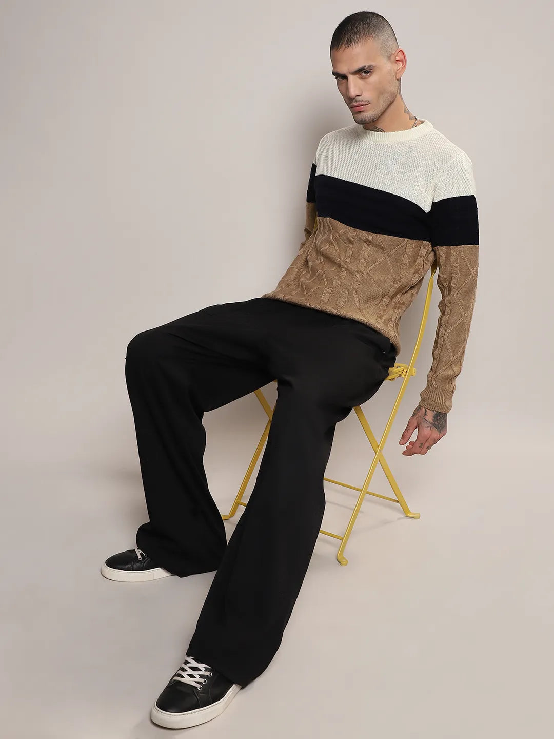 Contrast Panel Cable Knit Sweater