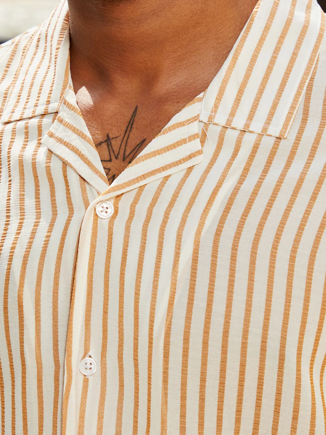 Men White and Brown Unbalanced Striped Shirt