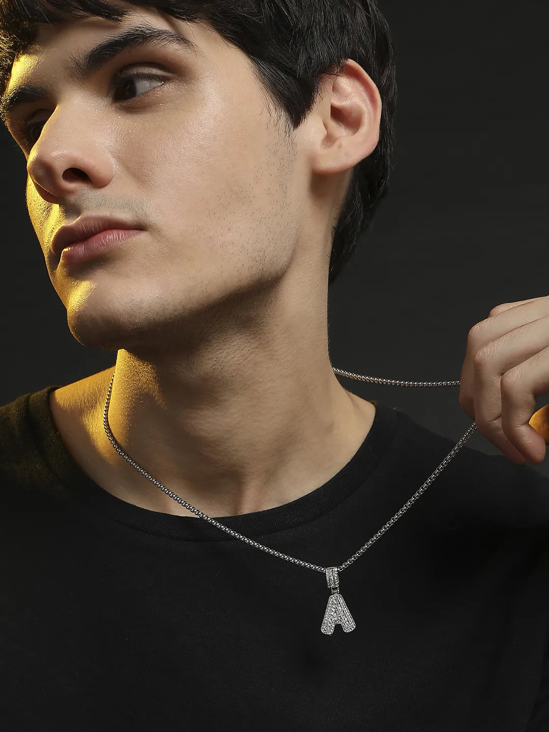 Embellished A Alphabet Pendant with Chain - Silver