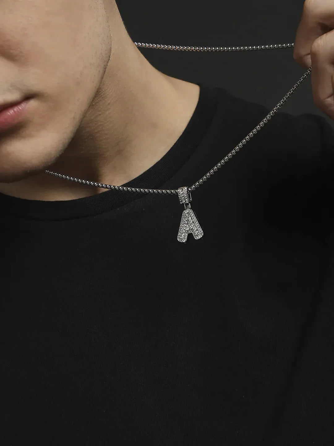 Mens-Embellished-A-Alphabet-Pendant-Necklace-Silver