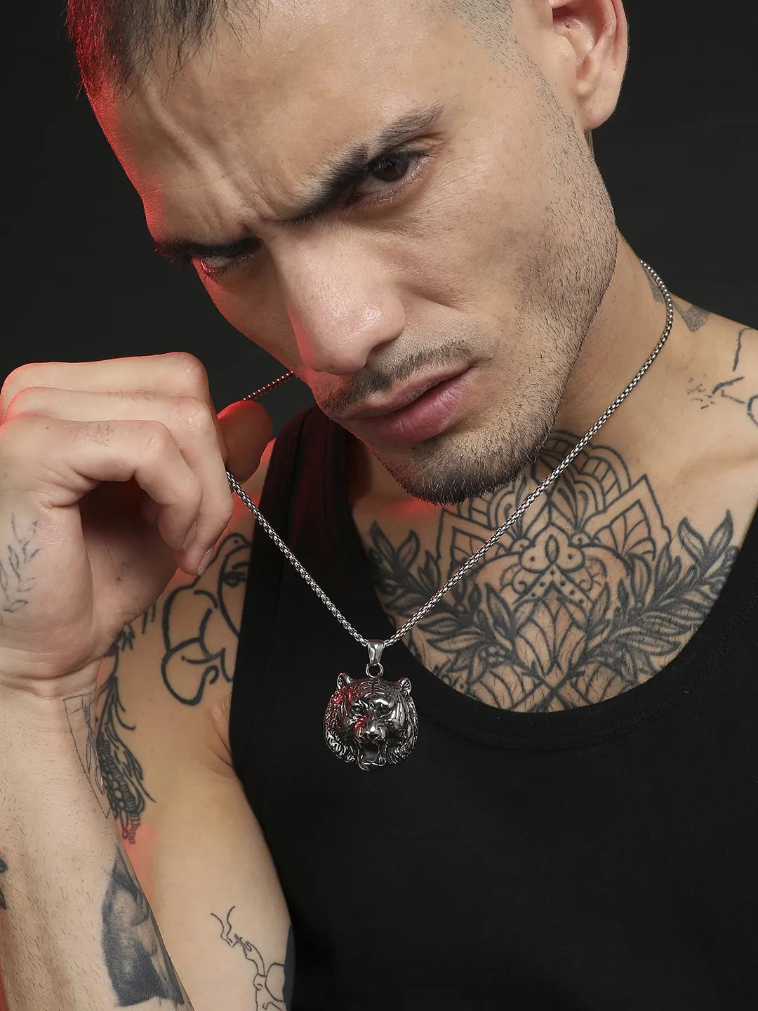 Tiger Pendant with Chain - Silver