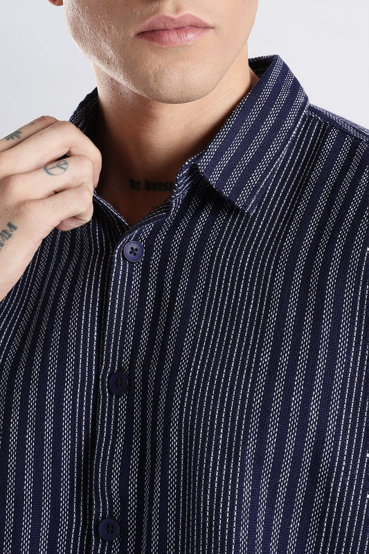 Vertical Striped Self Design Cotton Oversized Shirt