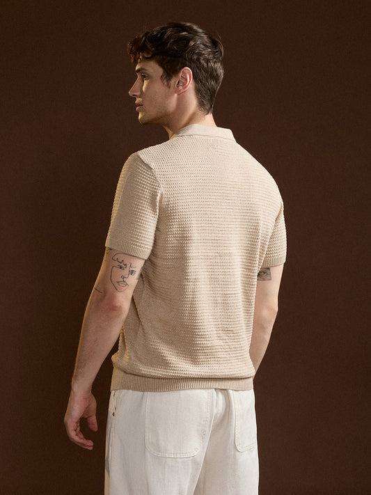 Beige Textured Slim Fit V-Notch Style Polo