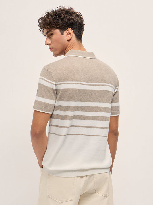 Beige and White Striped Textured Flat Knit Slim Fit Polo Shirt