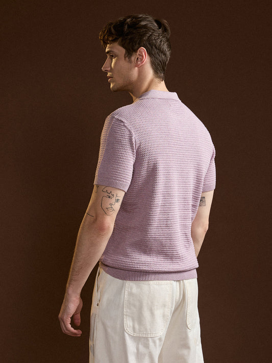 Purple Textured Slim Fit V-Notch Style Polo