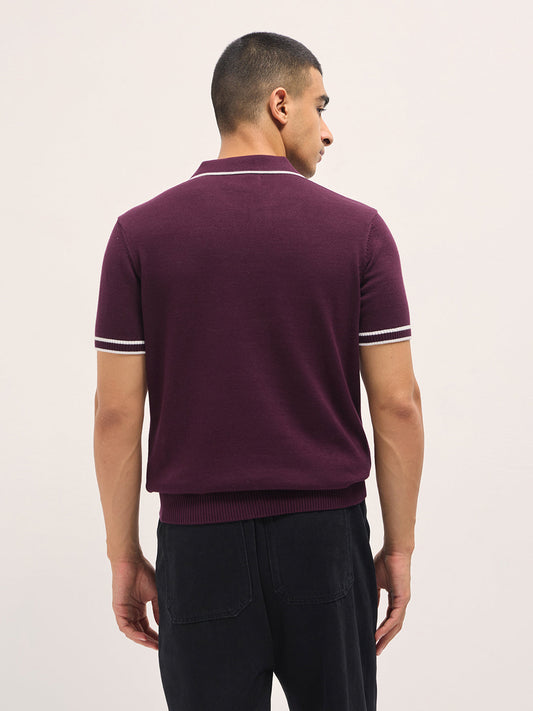 Maroon Textured Flat Knit Slim Fit Polo with Contrast Ribbed Detail