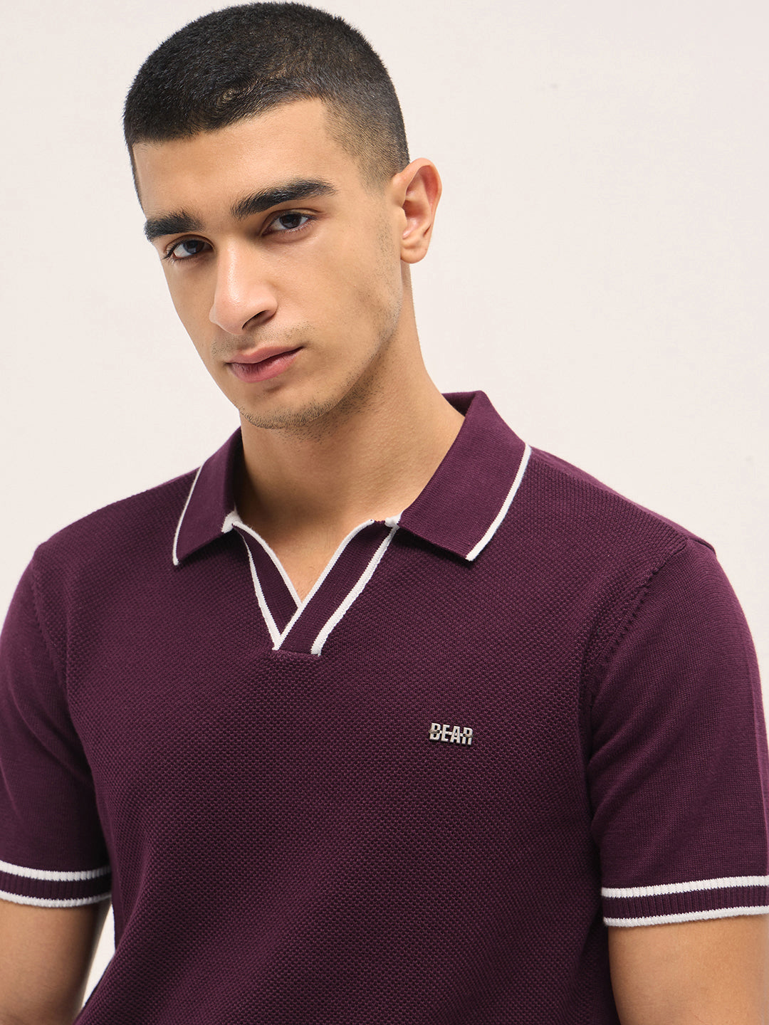 Maroon Textured Flat Knit Slim Fit Polo with Contrast Ribbed Detail