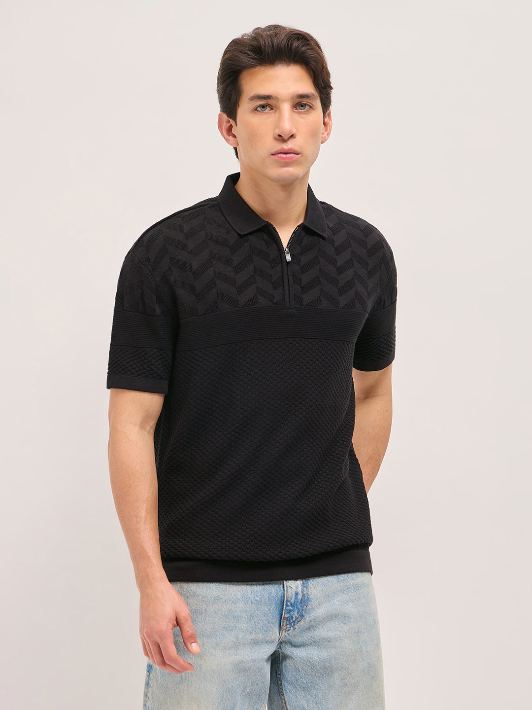 Black Relaxed Fit Chevron Textured Flat Knit Polo