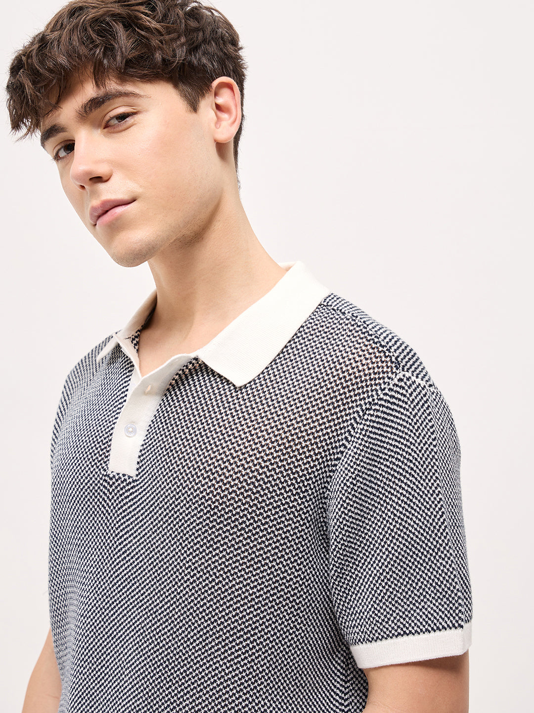 Blue Textured Knit Regular Fit Polo T-shirt with Contrast Collar